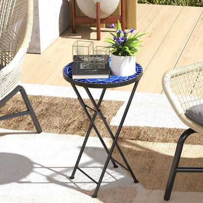 Mosaic Outdoor Garden Table, 35.5cm Round Folding Coffee Table with Metal Frame for Balcony Terrace, Navy Blue