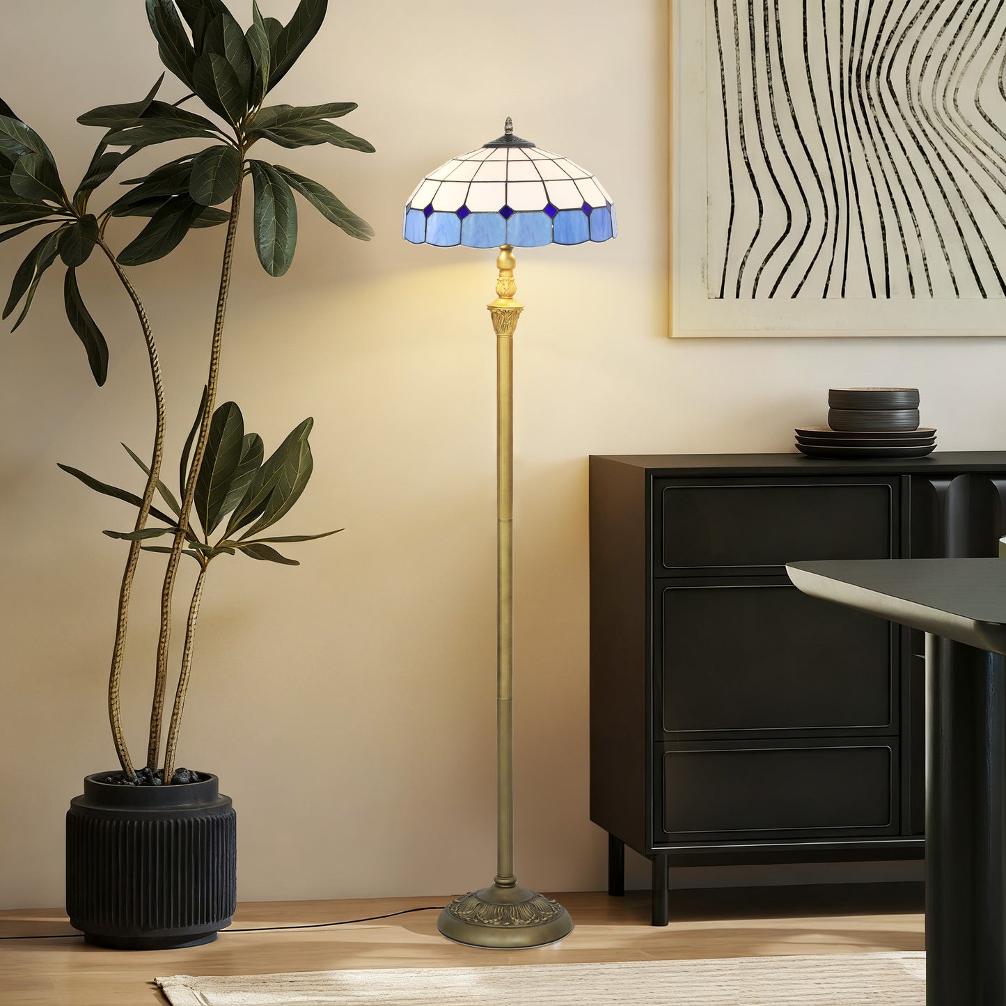 Tiffany-Style Floor Lamp with Handcrafted Stained Glass Shade