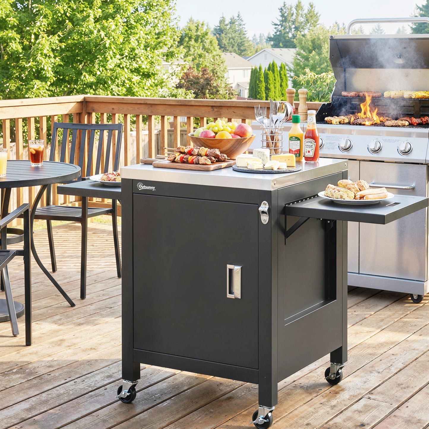Outdoor Grill Cart with Stainless Steel Tabletop, BBQ Table with a Cabinet, Towel Holder, Bottle Opener, Black