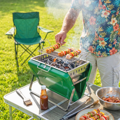 Charcoal BBQ Grill Portable Stainless Steel Barbecue with Tilting Grate for Camping Picnic Garden Dark Green