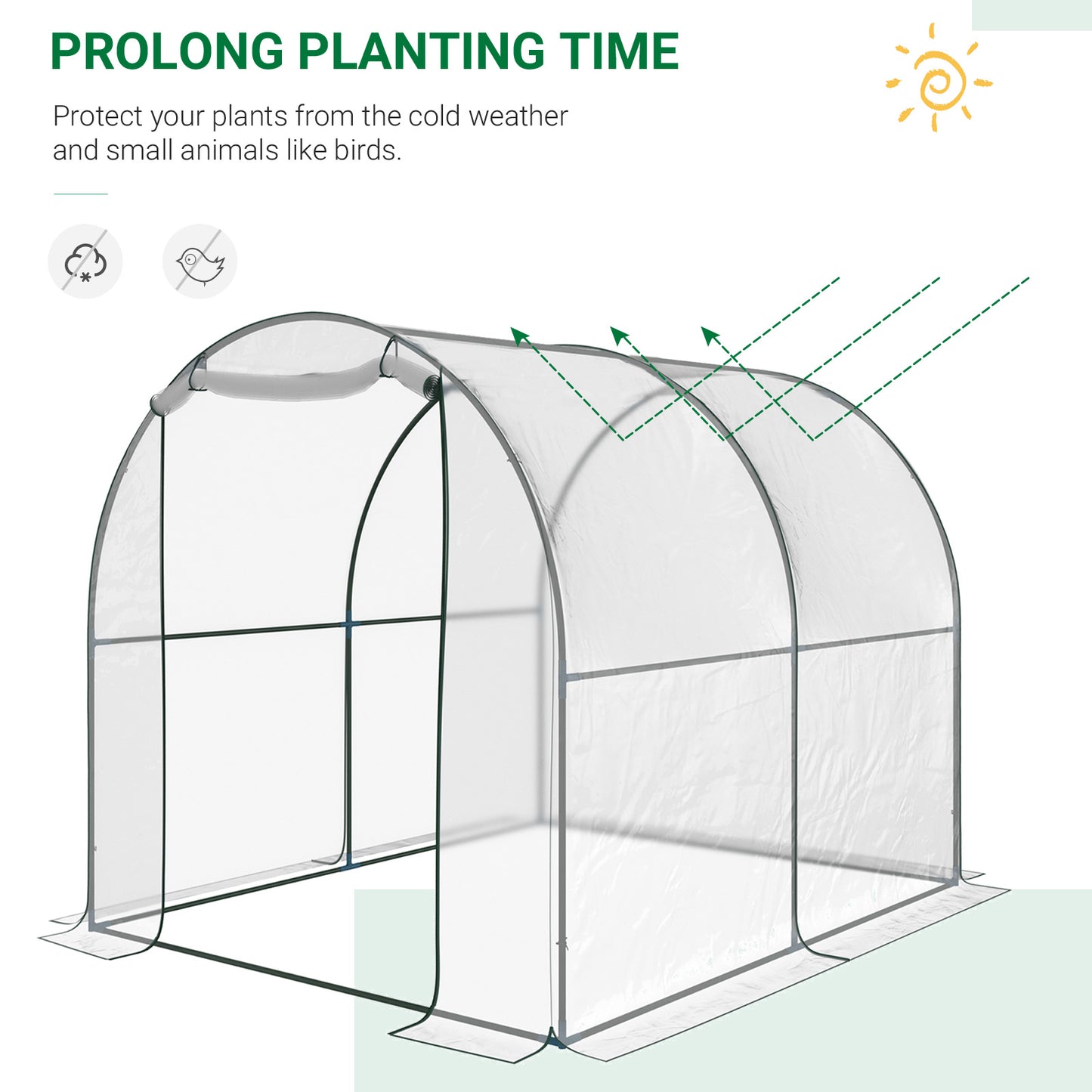 Walk-in Polytunnel Greenhouse with Roll-up Door Transparent Tunnel Greenhouse with Steel Frame and PVC Cover, 2.5 x 2m