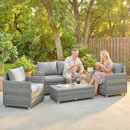 4 Piece Rattan Garden Furniture Set with Loveseat, 2 Armchairs, Glass-Top Table, Wicker Patio Conversation Set, Grey