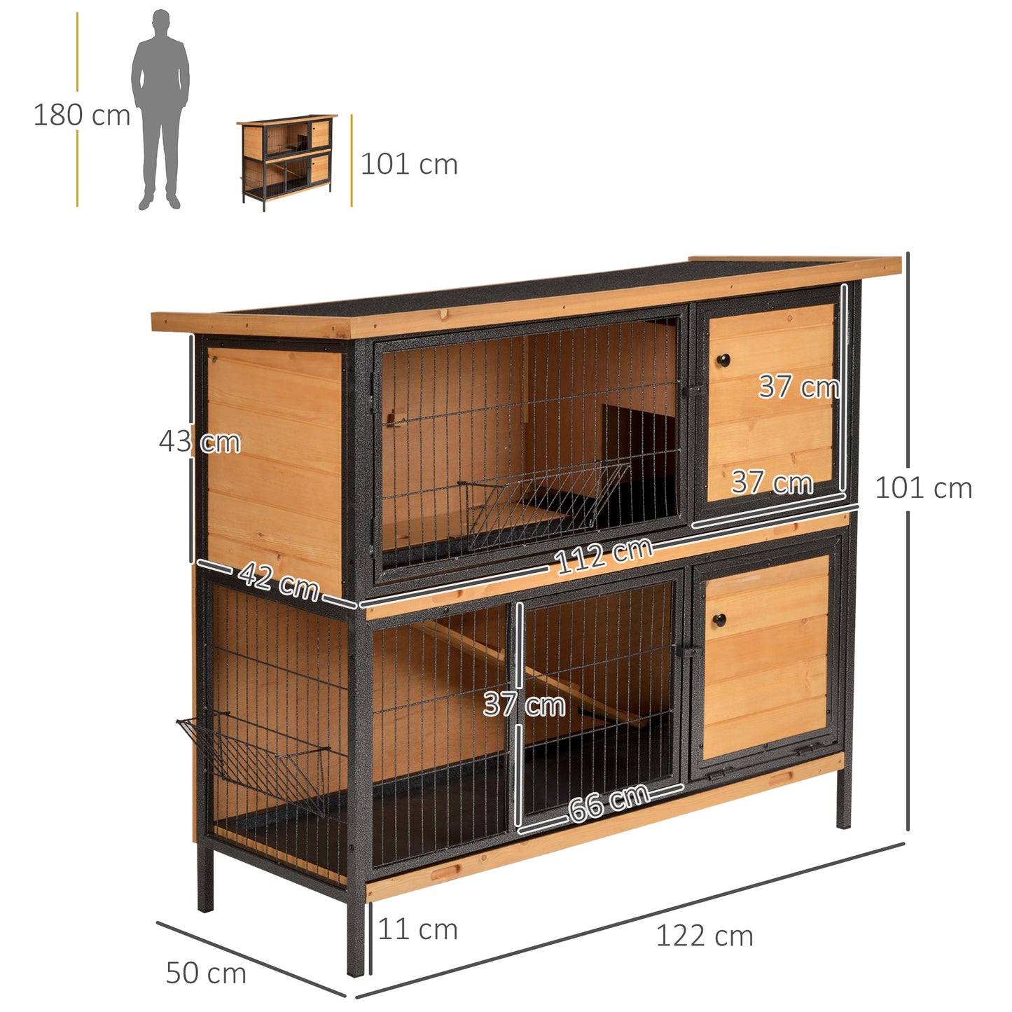 Rabbit Hutch Outdoor Guinea Pig Hutch Bunny Cage Metal Frame with No-Leak Tray Openable Roof Light Yellow 122 x 50 x 101cm