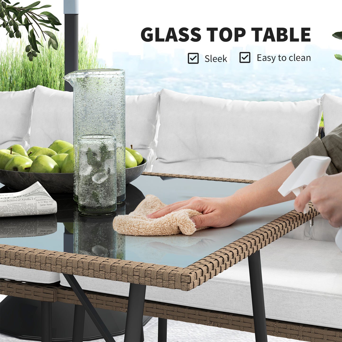 6 Piece Rattan Garden Furniture Set, 8 Seater Garden Corner Sofa with Cushions and Glass Top Table
