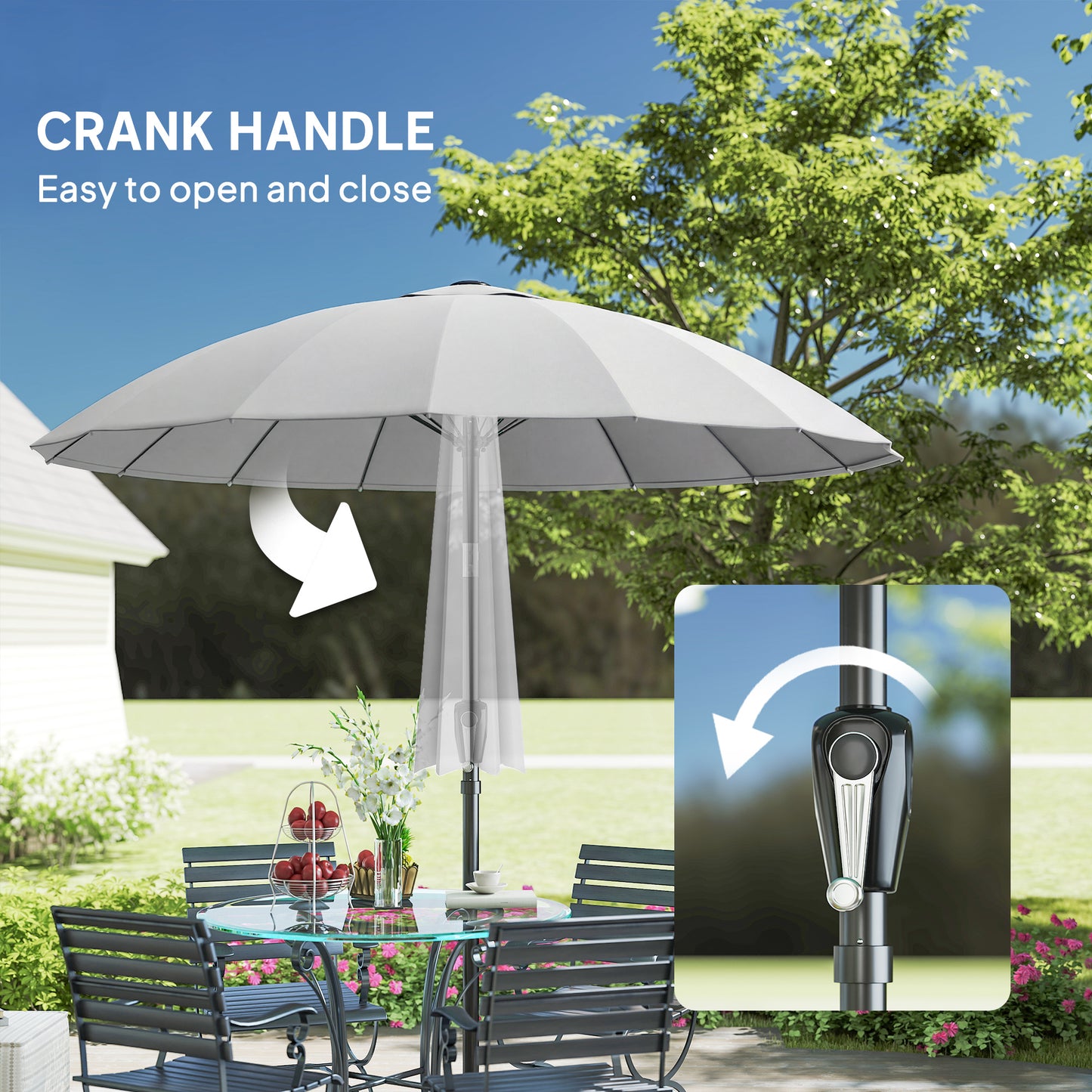 2 m Shanghai Garden Parasol Umbrella with 16 Fibreglass Ribs, Outdoor Parasol Sun Shade with Crank & Tilt, Light Grey