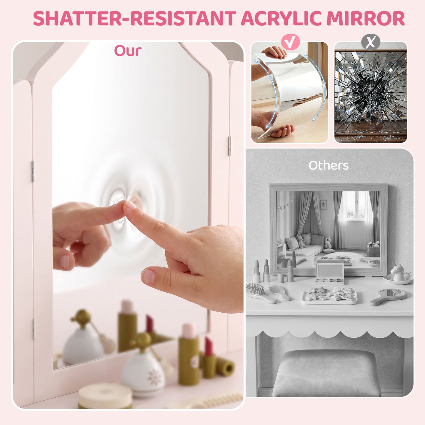 Kids Dressing Table, Kids Vanity Table and Chair Set with Tri-Folding Mirror, 2 Drawers, 2 Cabinets for Girls 3+, Pink