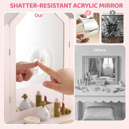 Kids Dressing Table, Kids Vanity Table and Chair Set with Tri-Folding Mirror, 2 Drawers, 2 Cabinets for Girls 3+, Pink
