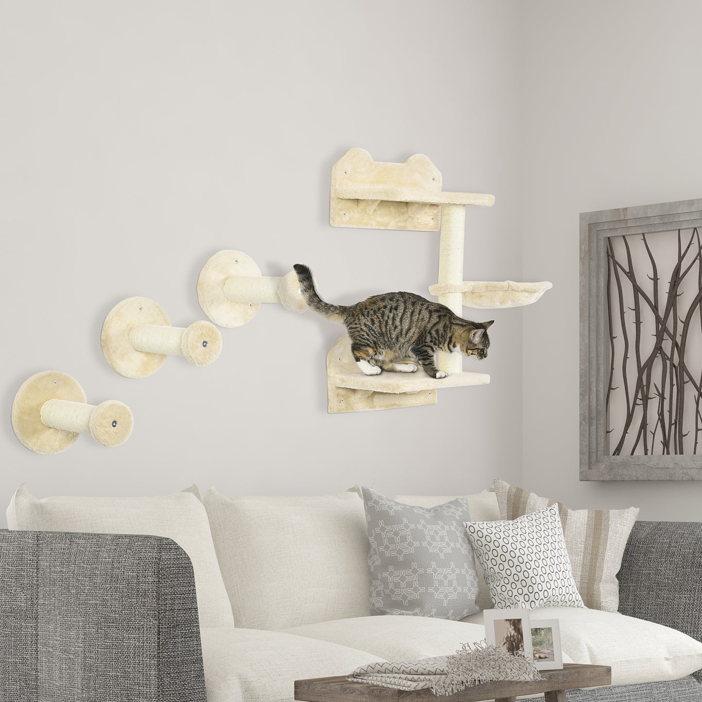 4 Piece Cat Shelf with Scratching Post, Wall-Mounted Cat Tree for Indoor Cat - Beige