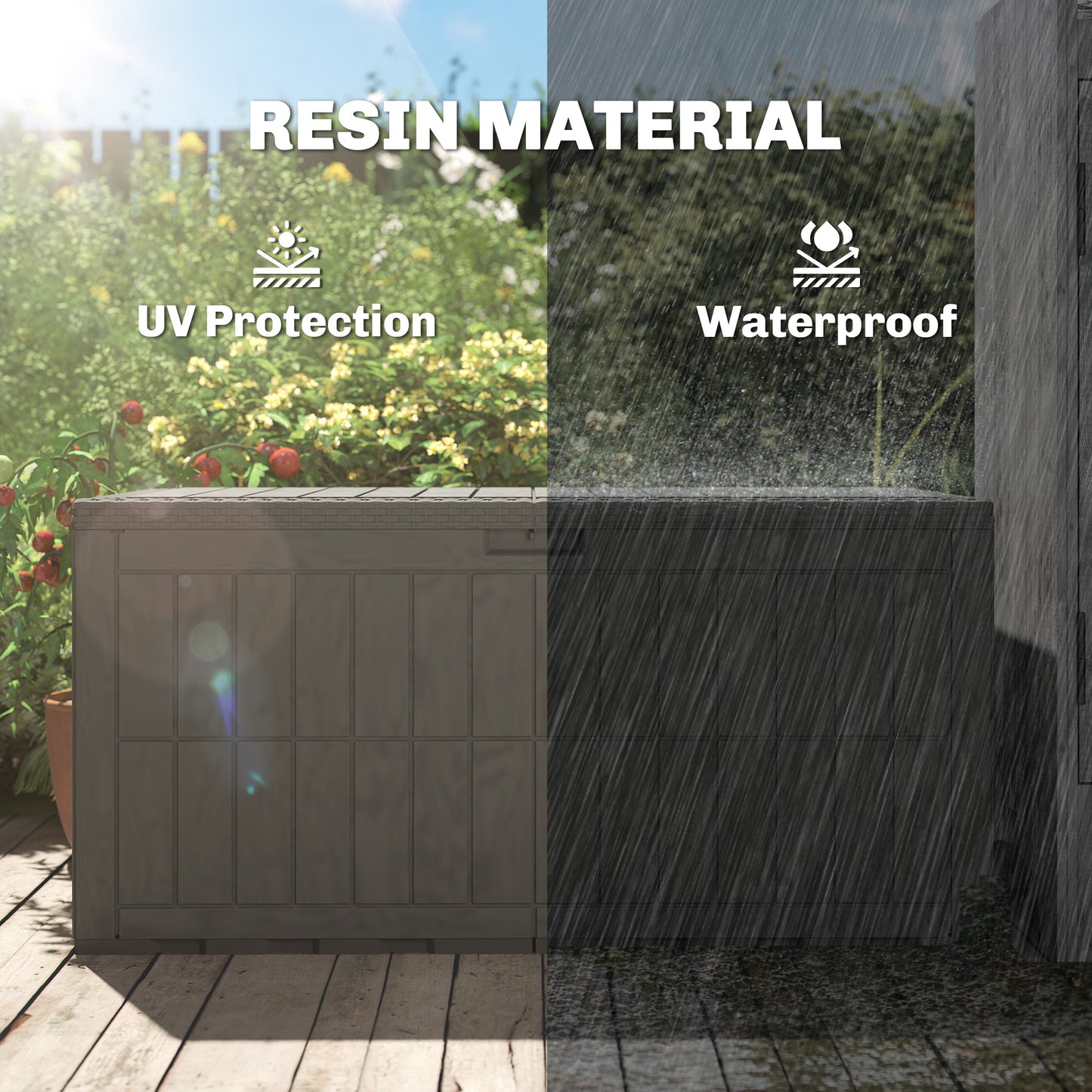440L Garden Storage Box, Waterproof & UV Resistant Resin Deck Box with Lockable Lid, Pneumatic Gas Rods, Side Handles