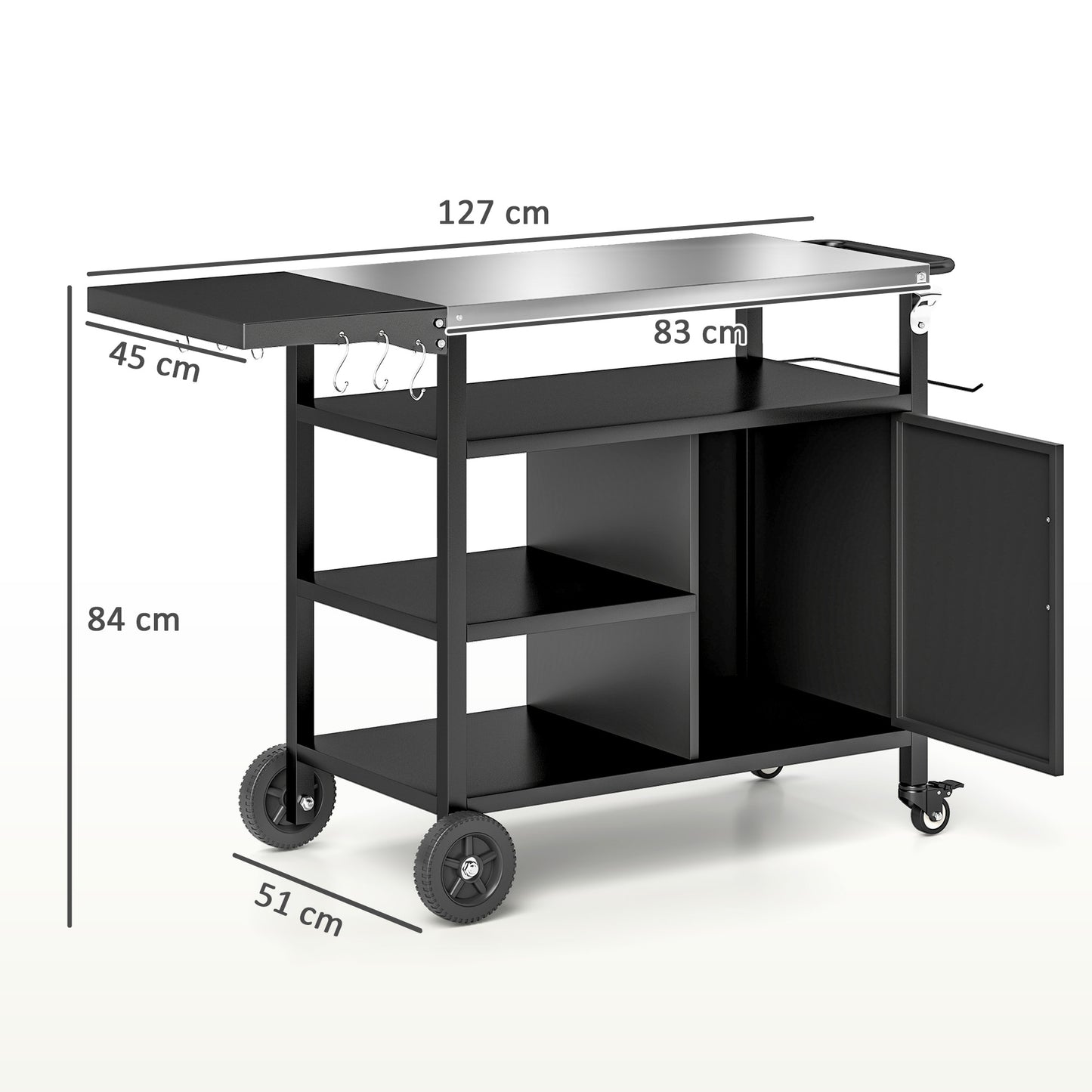 Outdoor BBQ Trolley with Foldable Side Table, Stainless Steel Top, Outdoor Kitchen with Wheels Hooks Shelves Cabinet