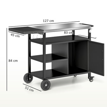 Outdoor BBQ Trolley with Foldable Side Table, Stainless Steel Top, Outdoor Kitchen with Wheels Hooks Shelves Cabinet
