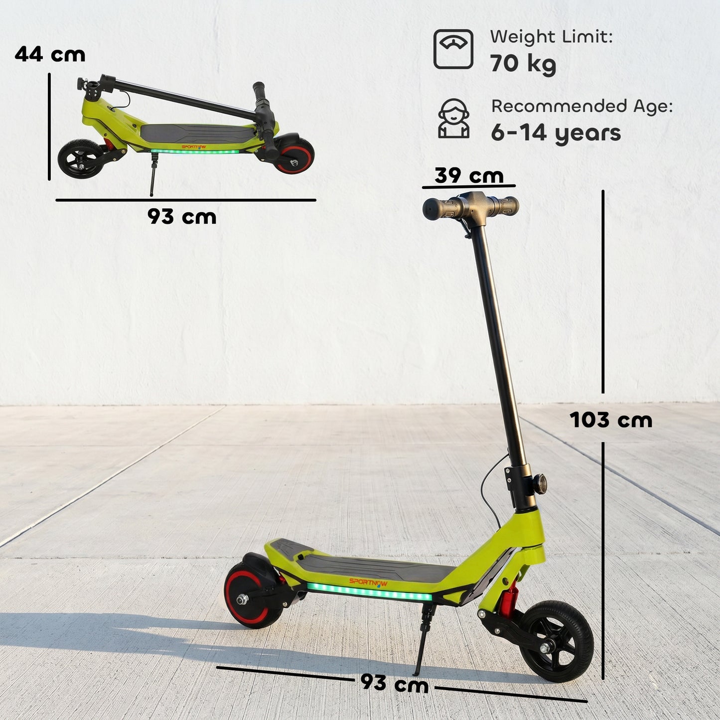 Electric Scooter for Kids, Foldable E Scooter for Age Age 6+ with LED Display, RGB lights, Up to 16km/h, Green