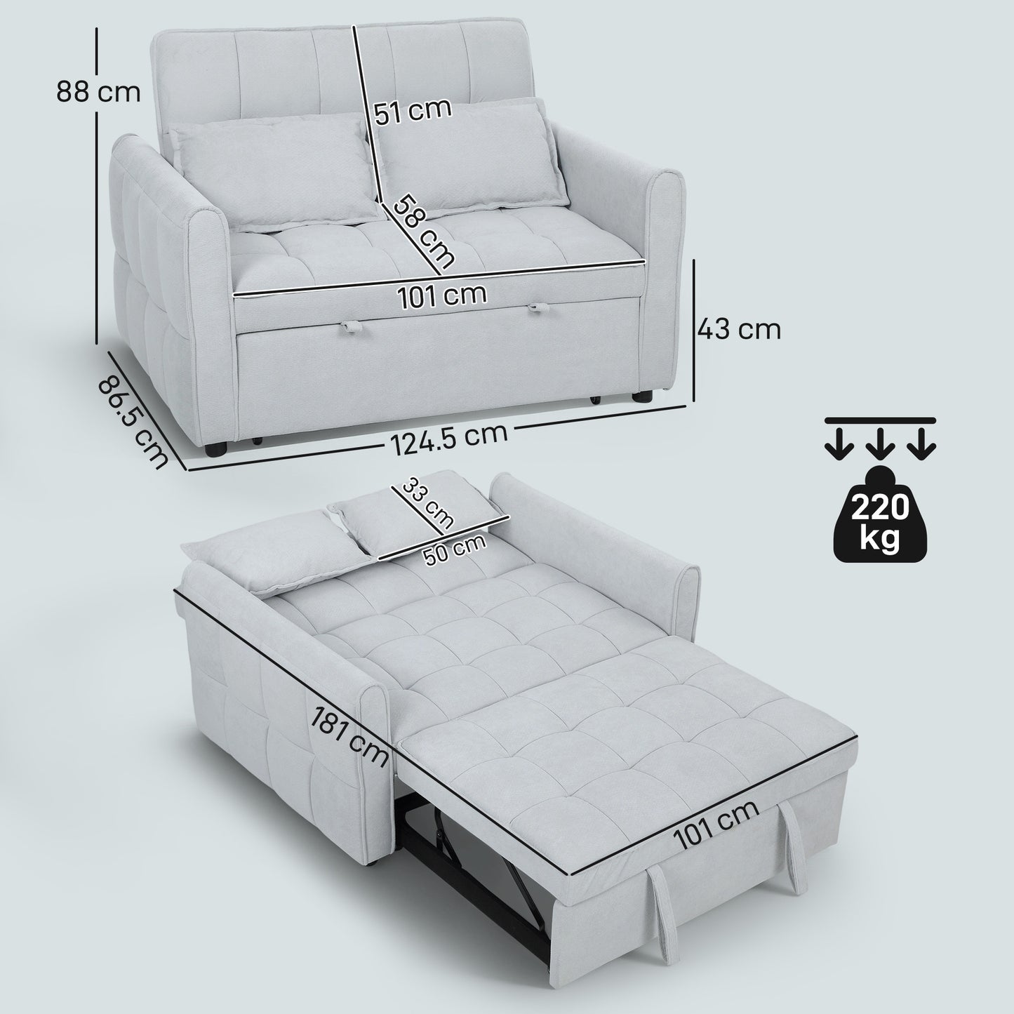 2 Seater Sofa Bed, 3-in-1 Convertible Sleeper Sofa with Click-clack Adjustable Backrest and 2 Pillows, Light Grey