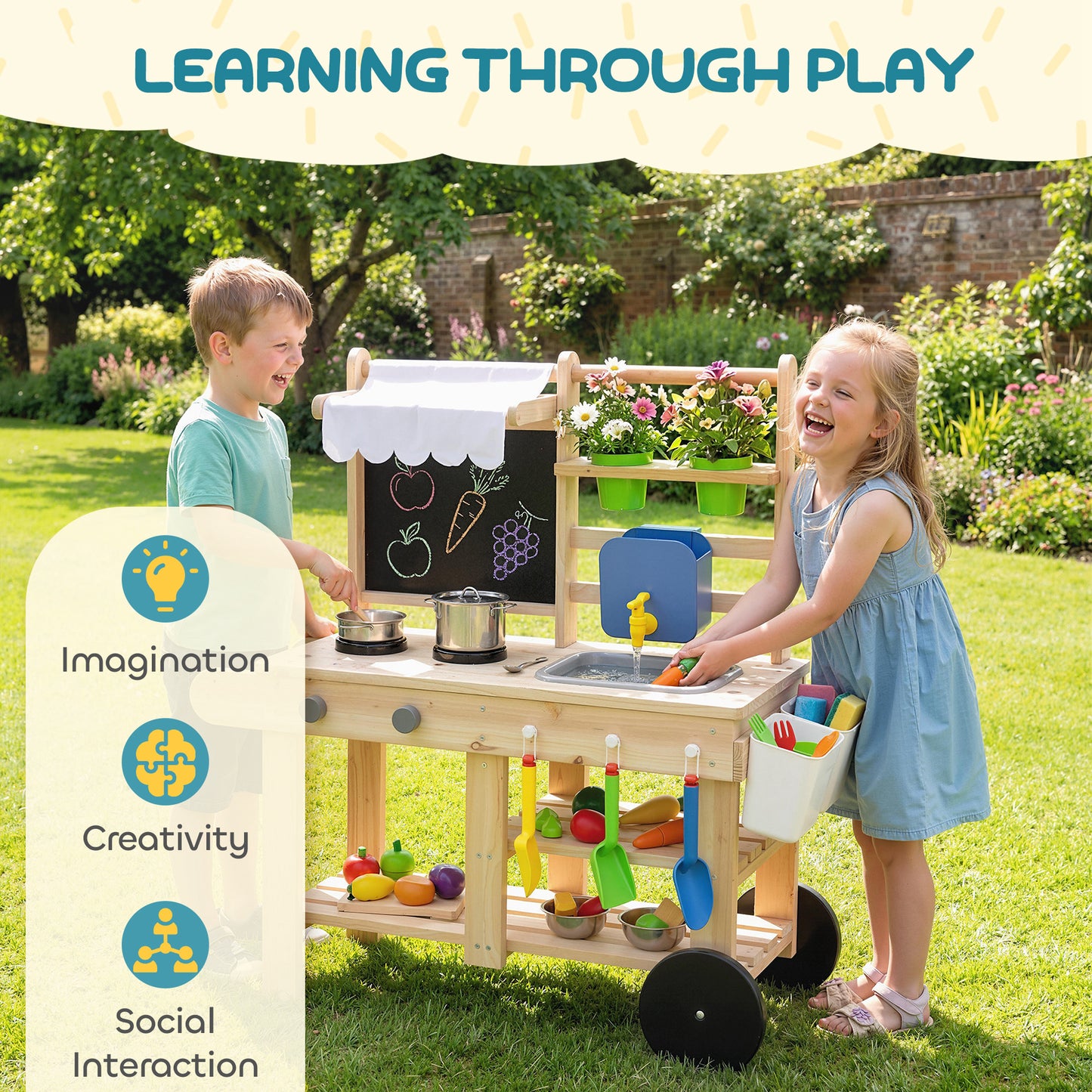 Mud Kitchen with Real Water Faucet Pretend Play Kitchen Playset with Sink and Storage Natural Wood