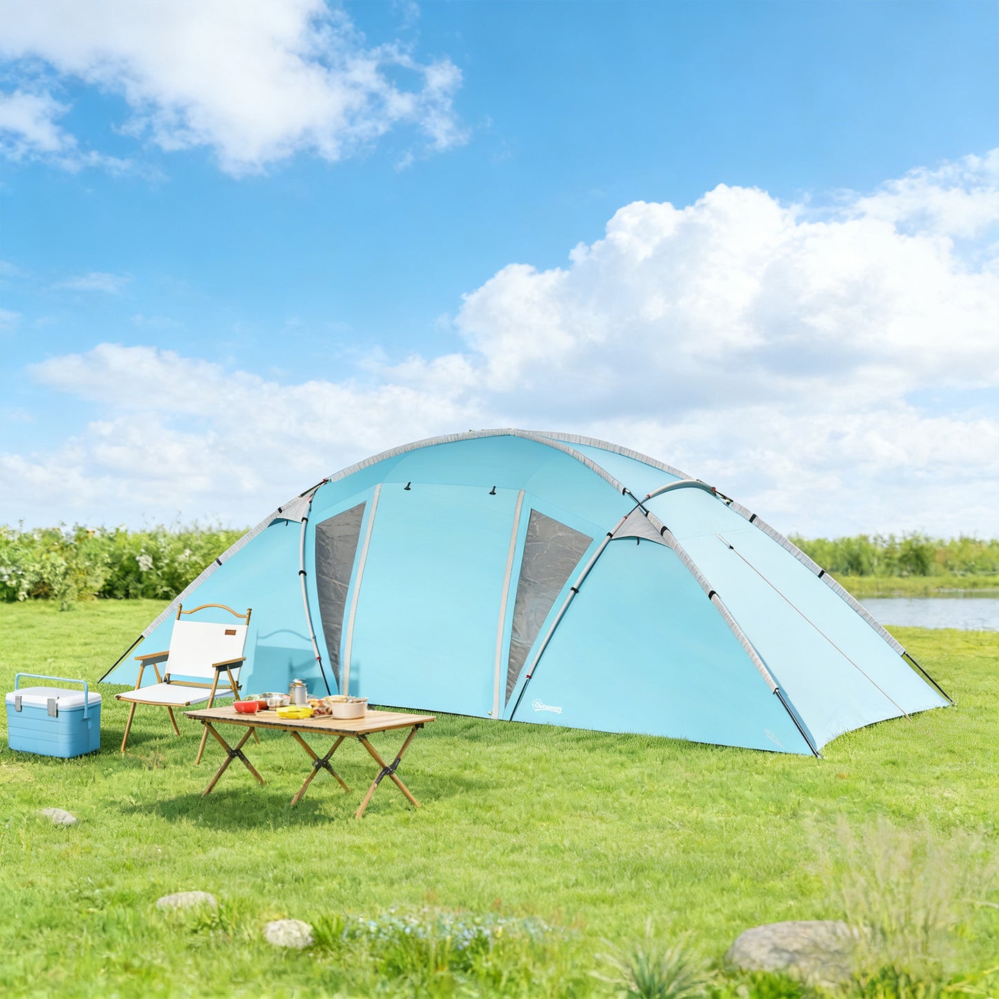4-6 Man Family Camping Tent w/ 2 Bedrooms and a Living Room, Waterproof Tunnel Tent w/ Sewn In Groundsheet, Doors, Windows