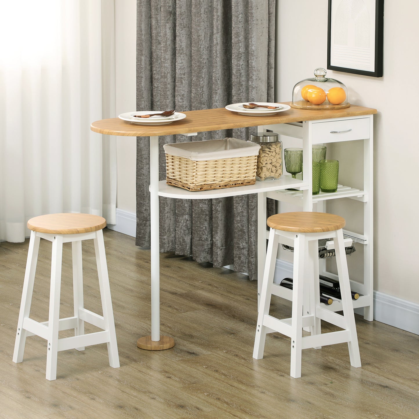 3 Piece Bar Table Set, Breakfast Bar table and Stools with Storage Shelf, Drawer, Wire Basket and Wine Rack for Kitchen