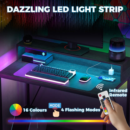 Gaming Desk, 100cm Computer Desk with LED Lights, Power Outlets, Monitor Stand and Remote, Black Wood-Effect