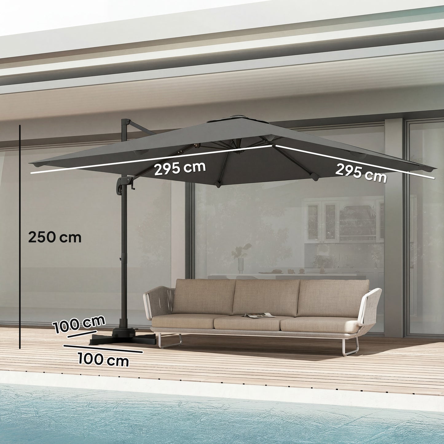 3 x 3 m Cantilever Parasol, Square Patio Umbrella with Crank Handle, Cross Base, Tilt, 360° Rotation, Dark Grey