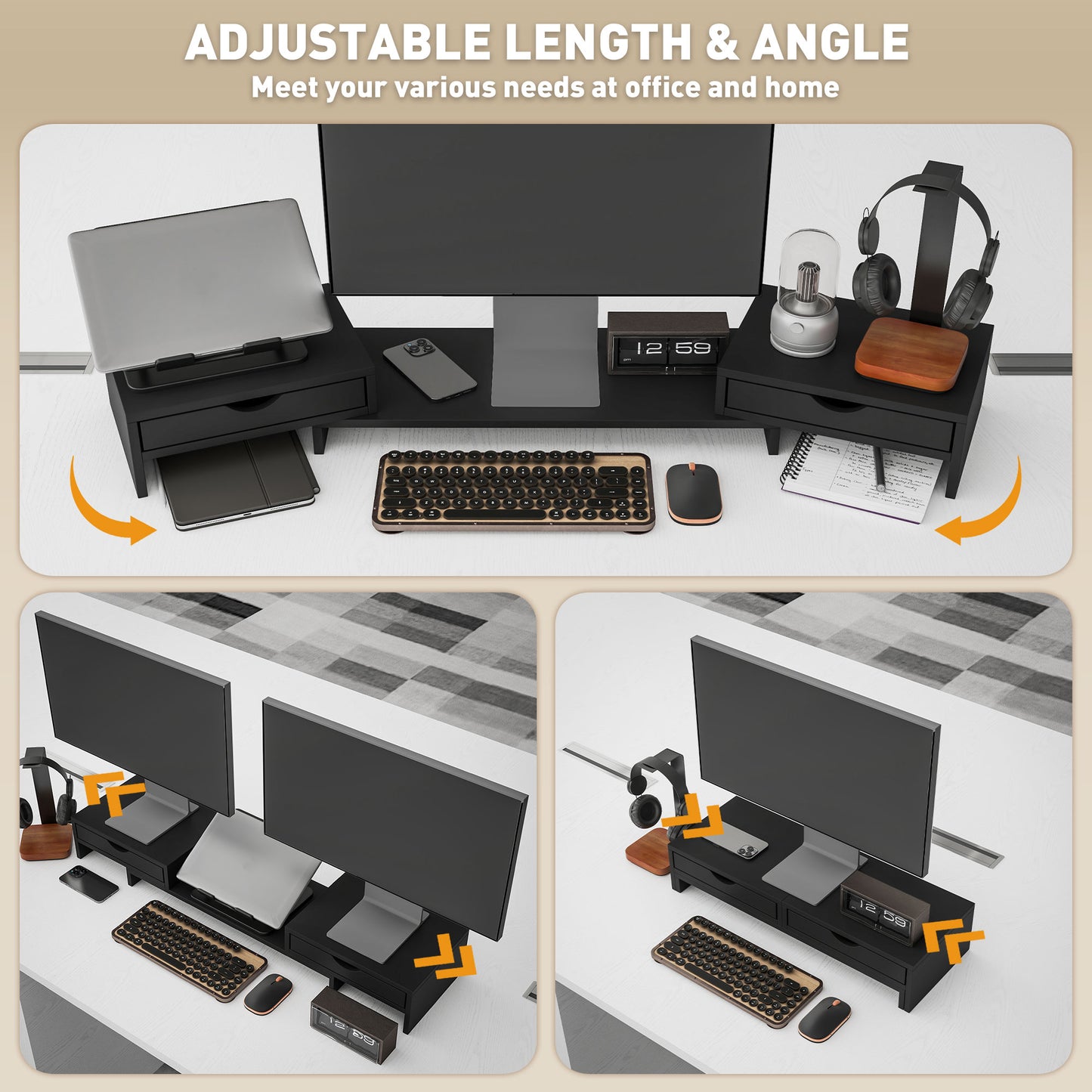 Dual Monitor Stand Riser with 2 Drawers, Adjustable Length and Angle, 116cm Monitor Riser for Laptop, Computer, PC
