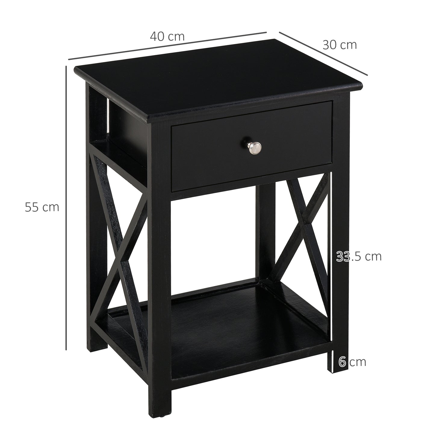 End Table, Sofa Side Table with Drawer X Bar Bottom Storage Shelf, Nightstand Bedside Table for Bedroom or Living Room Black