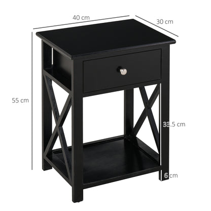End Table, Sofa Side Table with Drawer X Bar Bottom Storage Shelf, Nightstand Bedside Table for Bedroom or Living Room Black