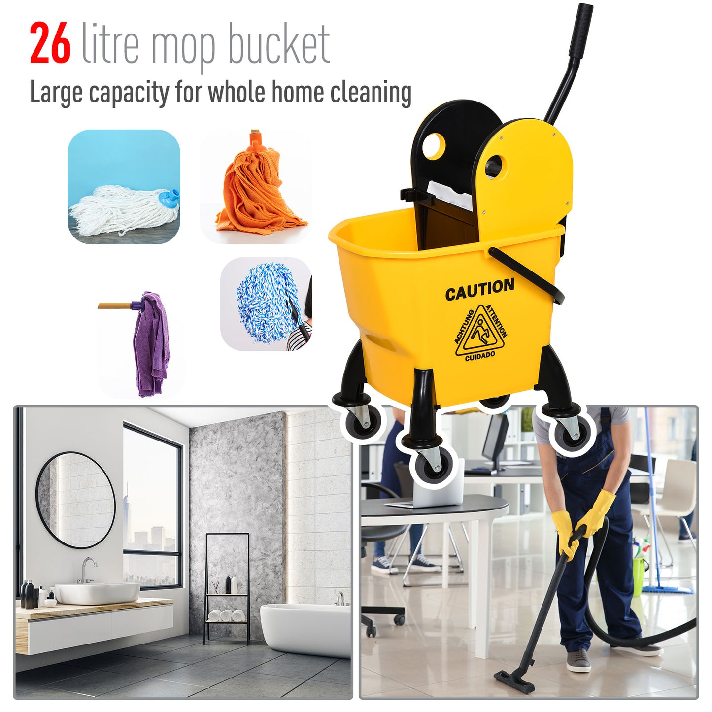 25L Mop Bucket, with Wringer, Wheels and Handle - Yellow