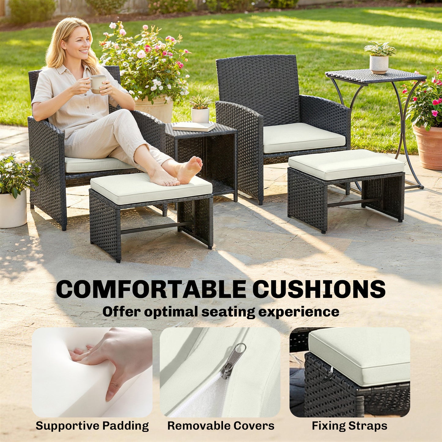 6 Piece Rattan Garden Furniture, Space-Saving Patio Furniture Set with Nesting Tables, Chairs, Stools, Cushions, Black