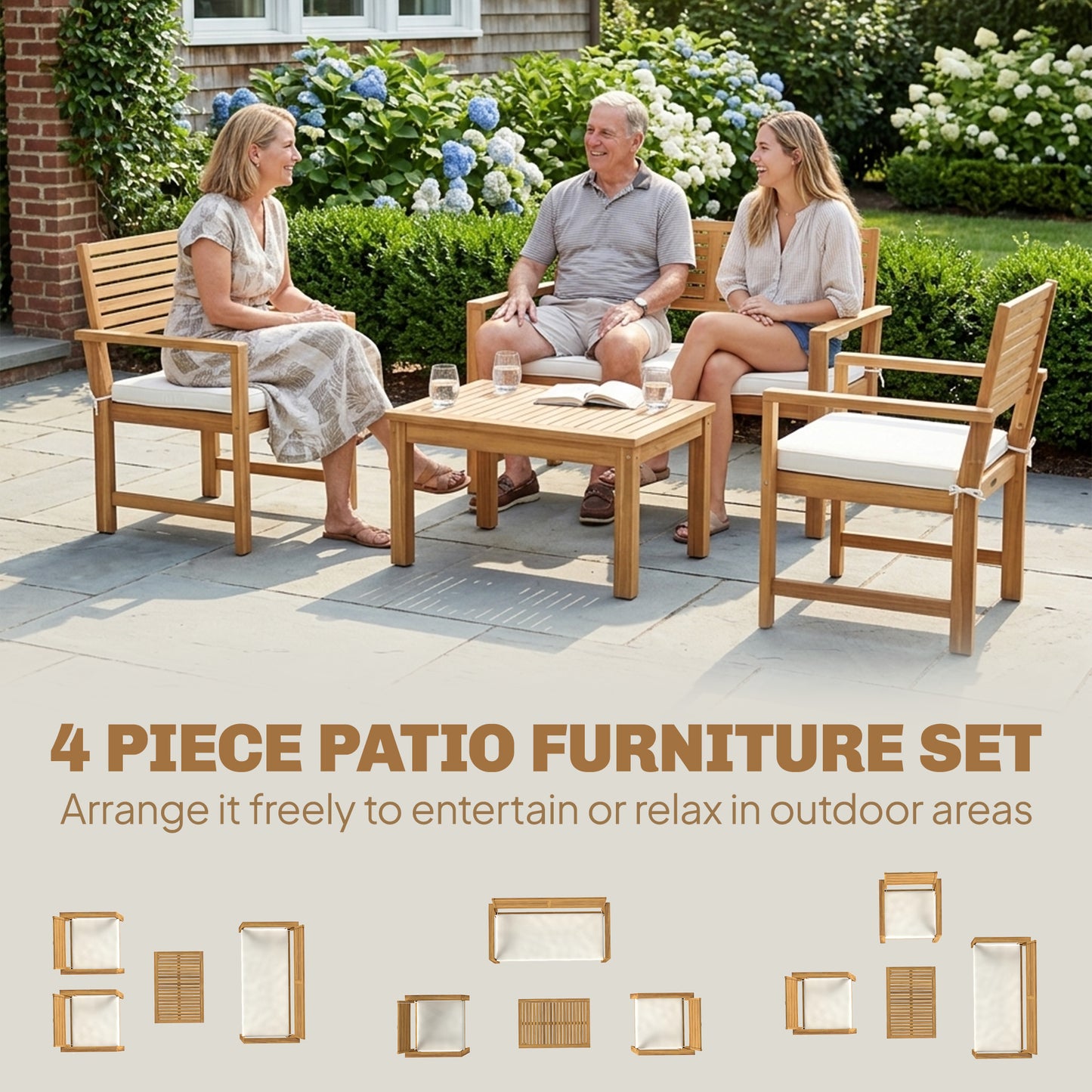 4 Seater Wooden Garden Furniture Set with Loveseat, Armchairs, Table, Acacia Wood Garden Sofa Set, Cream White