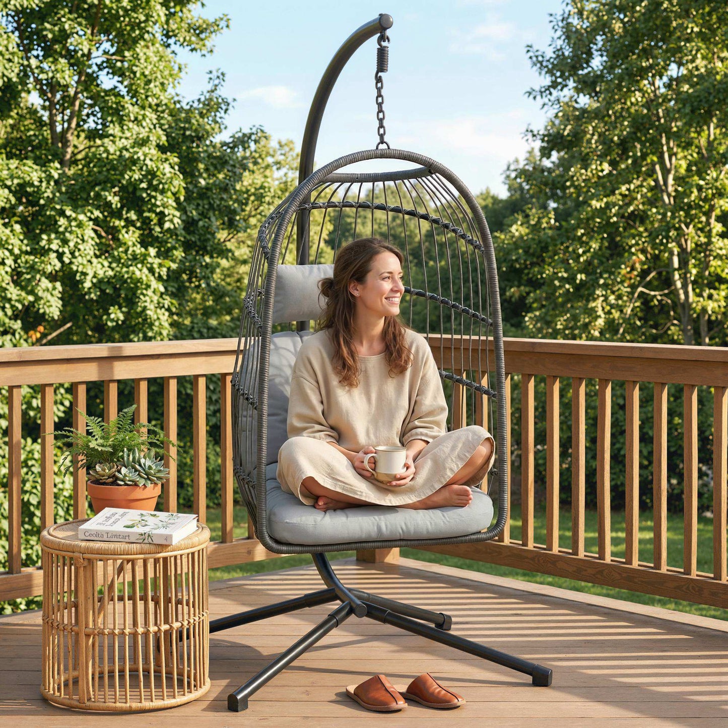 Hanging Egg Chair, Indoor Outdoor Hammock Swing Chair with Stand, Safety Strap, Foldable Basket, Dark/Light Grey