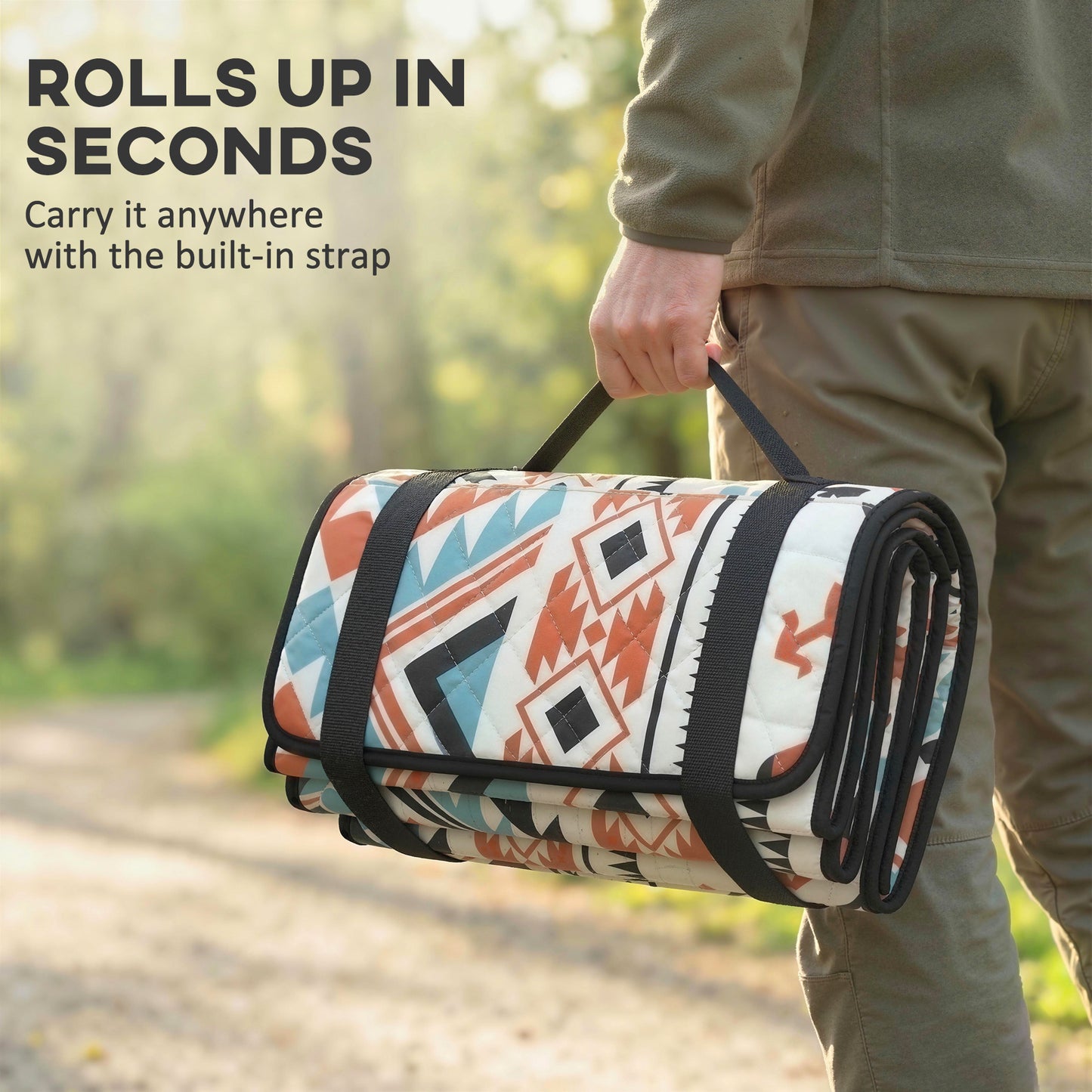 Picnic Blanket, 300x200CM Large Beach Blanket Outdoor Picnic Mat with Integrated Strap for Camping, Mix-Colour