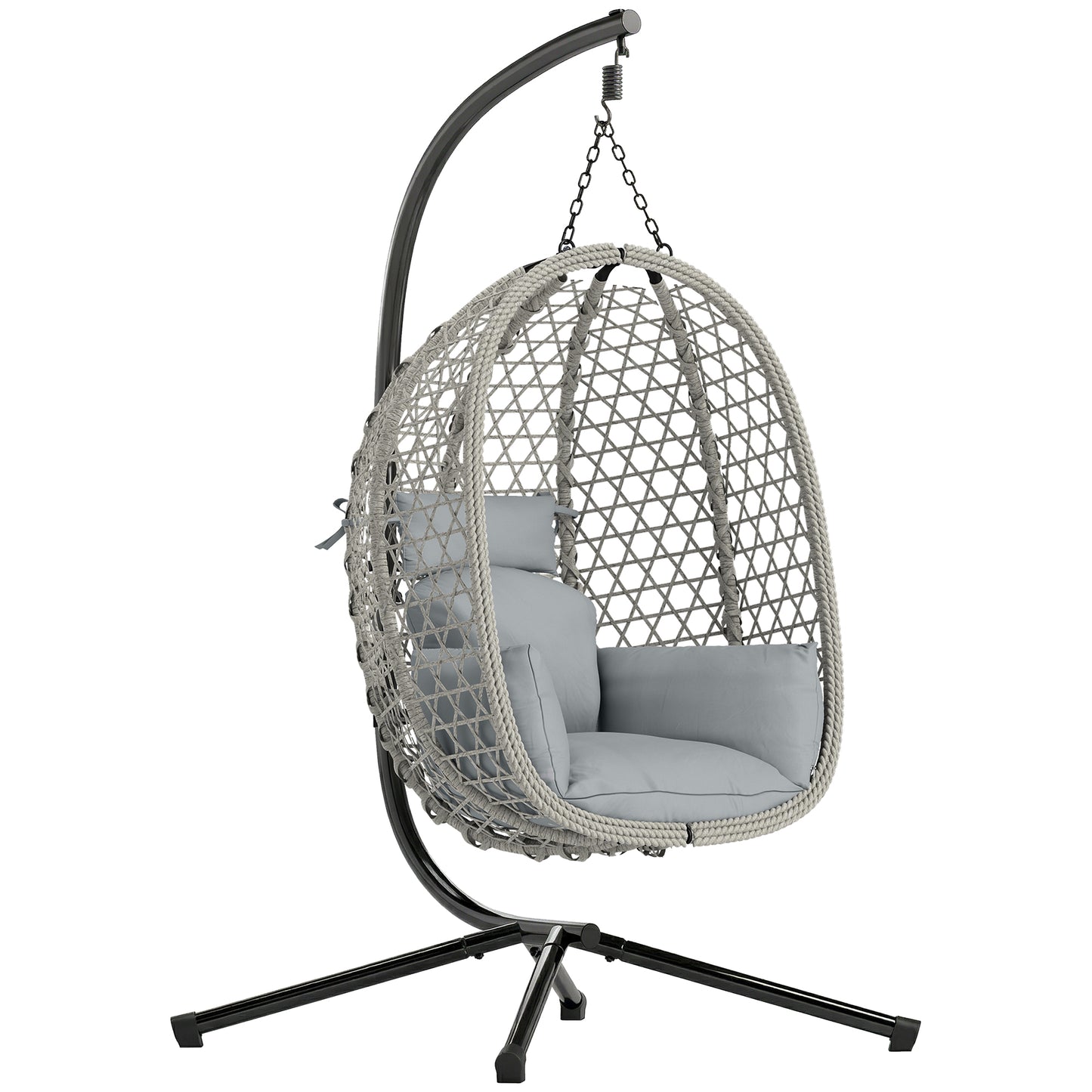 Hanging Egg Chair, Indoor Outdoor Rattan Hammock Swing Chair with Stand, Safety Strap, Foldable Basket, Light Grey
