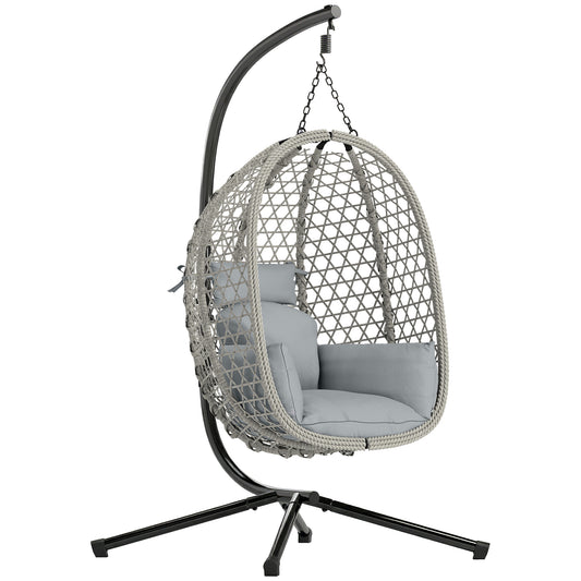Hanging Egg Chair, Indoor Outdoor Rattan Hammock Swing Chair with Stand, Safety Strap, Foldable Basket, Light Grey