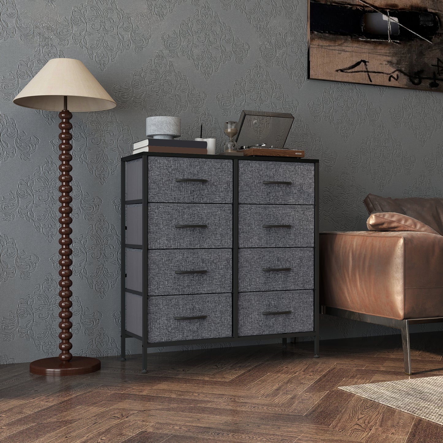Fabric Chest of Drawers, Industrial Bedroom Dresser with 8 Fabric Drawers, Steel Frame and Wooden Top for Nursery