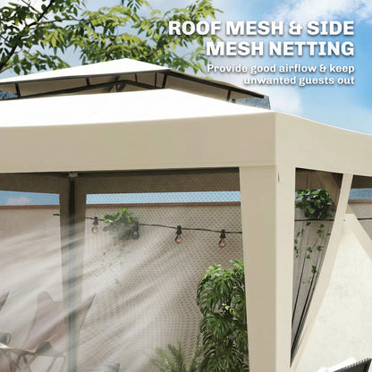 3 x 3 m Gazebo, Netting Party Tent, Patio Canopy Outdoor Event Shelter with Double Tier Roof, Beige
