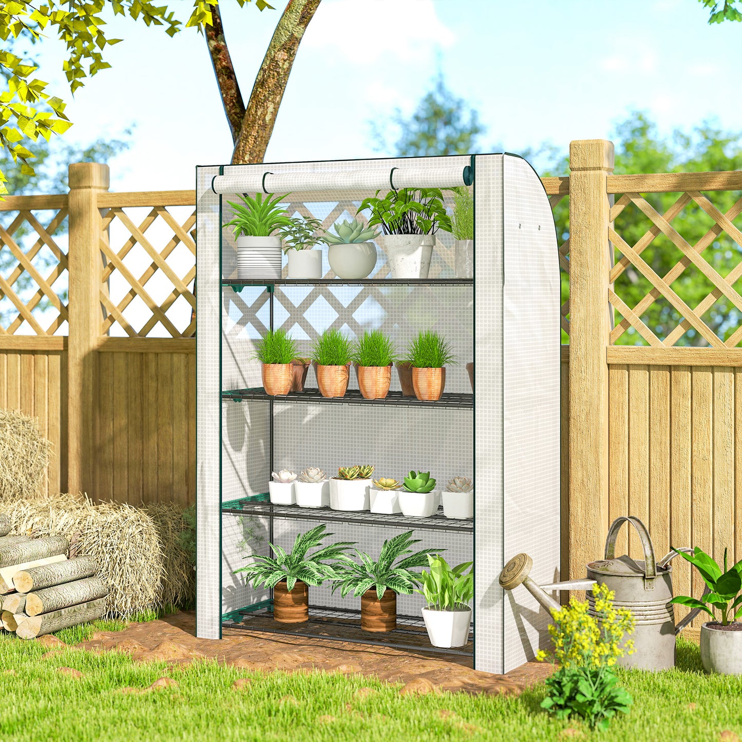 Mini Greenhouse with Reinforced PE Cover, Portable Indoor Outdoor Green House with Roll-up Door, 170 x 120 x 50cm, White