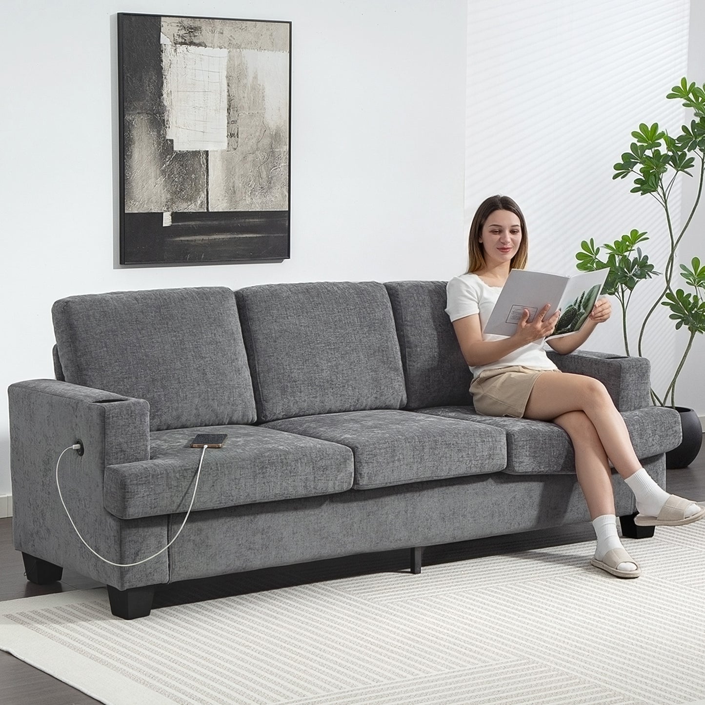 3 Seater Sofa with USB Ports & Cup Holders - Grey