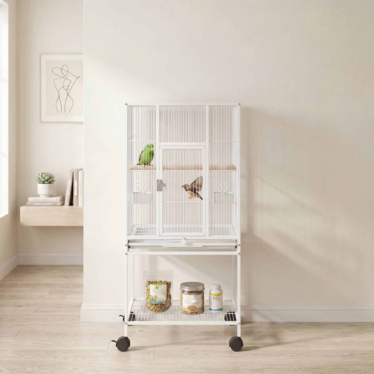 Bird Cage Detachable with Rolling Stand Parrot Cage with Storage Shelf White