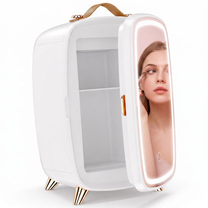 Skincare Refrigerator, 6L Mini Cosmetic Fridge with LED Mirror, Cooling Function for Bedroom, Skincare, Office, White