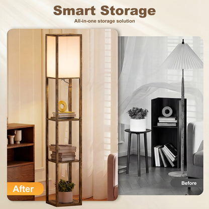 3-Tier Floor Lamp with Shelves – Brown