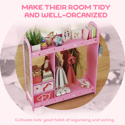 Kids Clothes Rail, Kids Wardrobe with Mirror, Shelves, Fabric Storage and Hooks for Bedroom, Nursery, Pink
