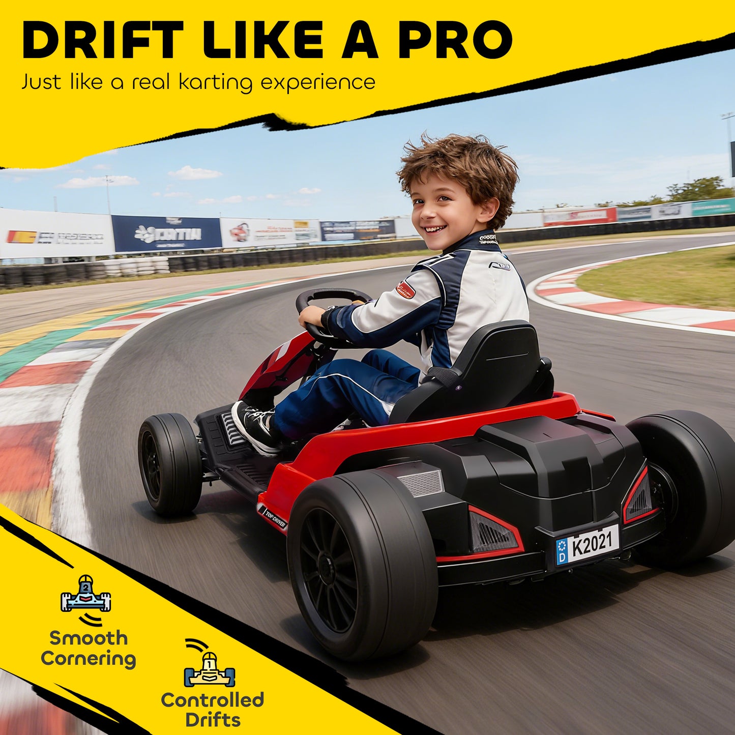 24V Electric Go Kart, Drift Kart with Adjustable Seat, Slow Start, 5-Point Harness, Music, for 6-12 Years, Red