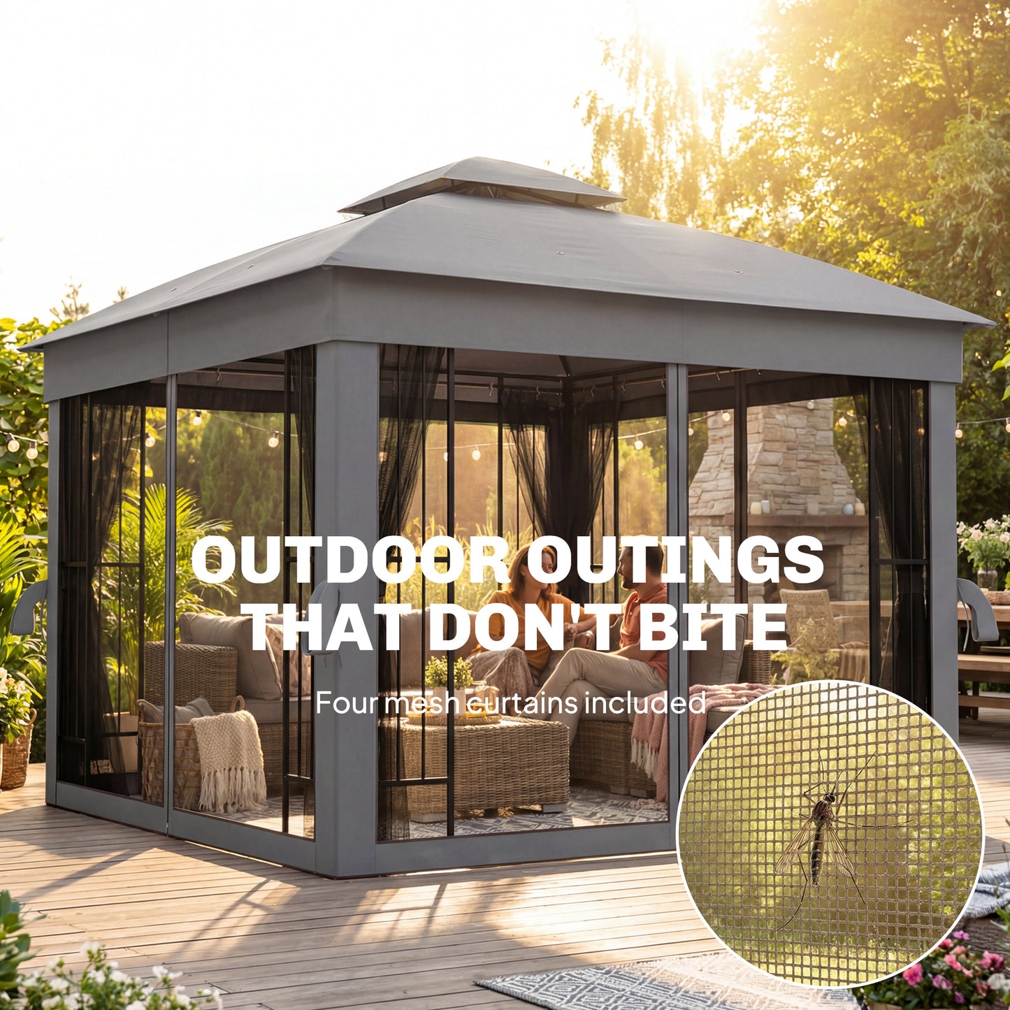 3 x 3 m Outdoor Garden Gazebo with Post Shelves, UPF50+ Double Roof Patio Permanent Pavilion, Grey