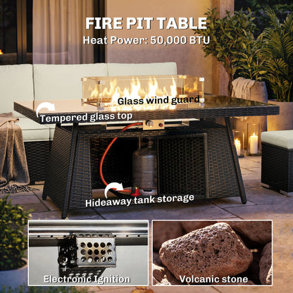 7 Pieces PE Rattan Garden Furniture Set, 50,000 BTU Gas Fire Pit Table, Double Corner Sofa and 3 Footstools