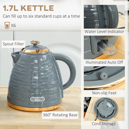 3000W 1.7L Rapid Boil Kettle & 2 Slice Toaster, Kettle and Toaster Set with 7 Browning Controls and Crumb Tray, Grey
