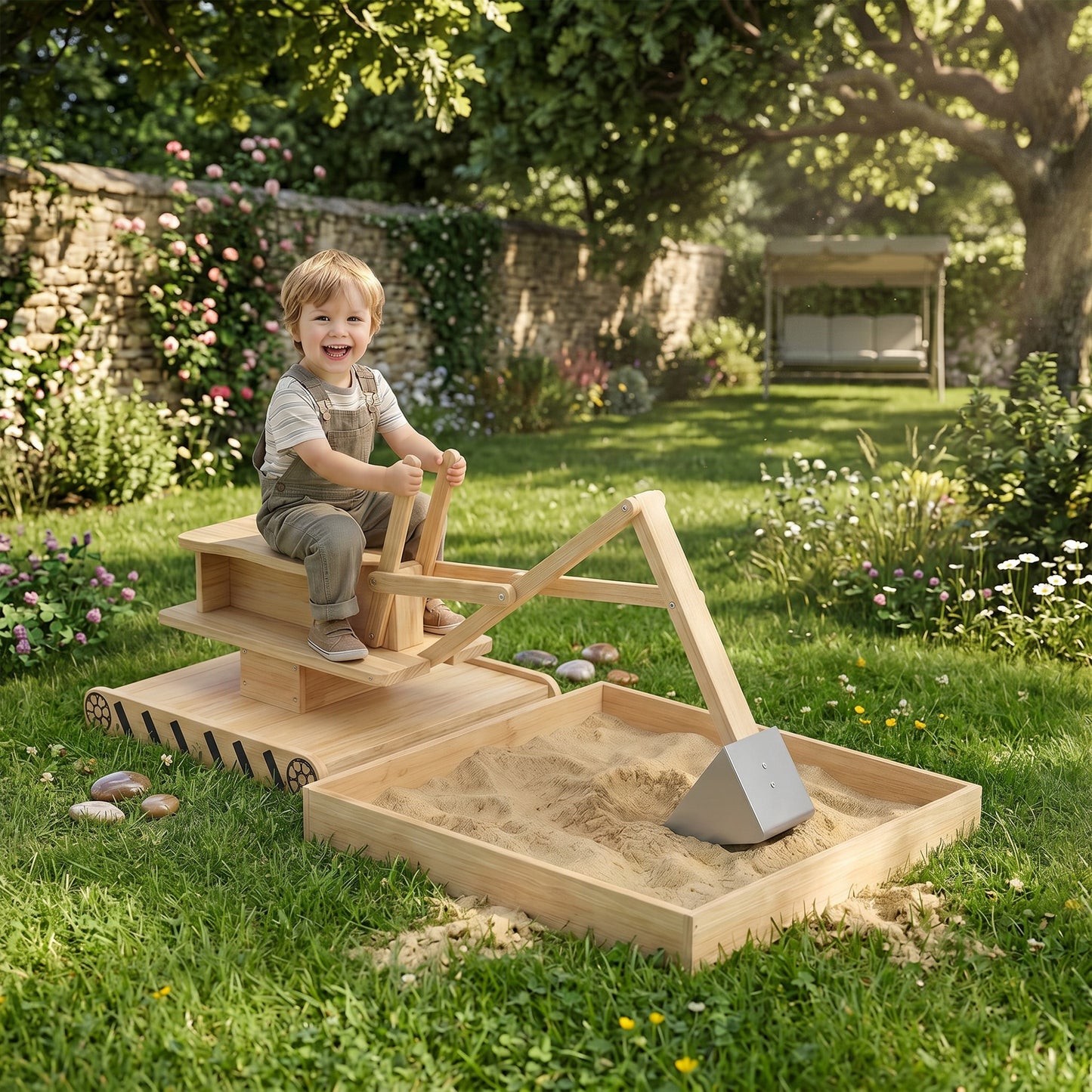 Wooden Sand Pit with Digger, Kids Sandbox Outdoor, SandPit with 360 Swivel Seat and Bottom Liner