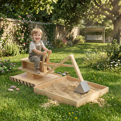 Wooden Sand Pit with Digger, Kids Sandbox Outdoor, SandPit with 360 Swivel Seat and Bottom Liner