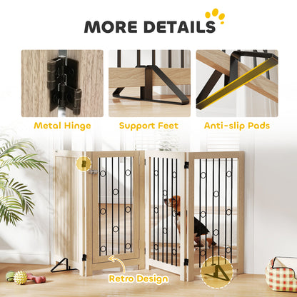 4 Panel Freestanding Pet Gate, Indoor Dog Barrier with Lockable Door, Support Feet, 360° Flexible Hinges, Oak