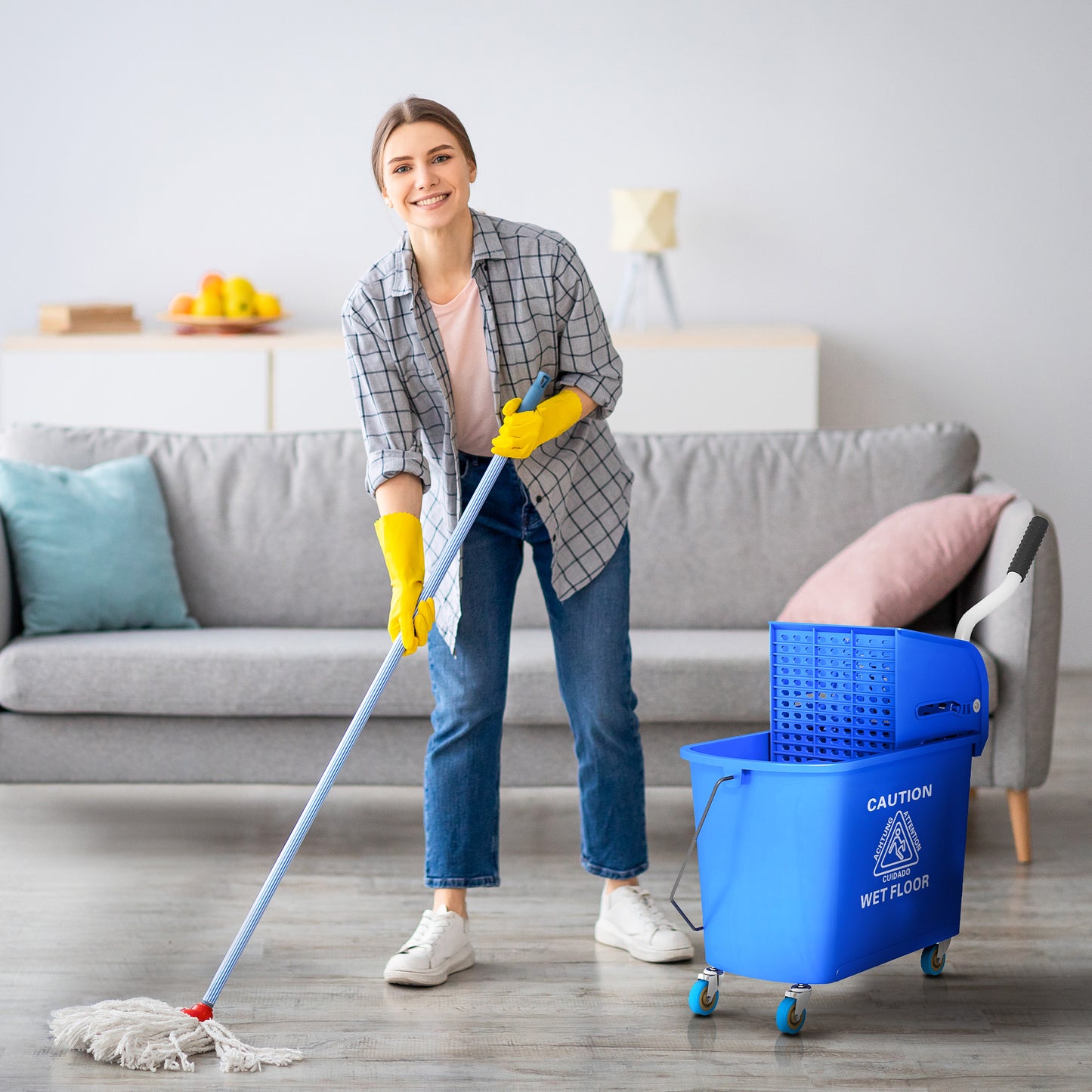 20L Compact Mop Bucket on Wheels, with Water Separation Panel - Blue