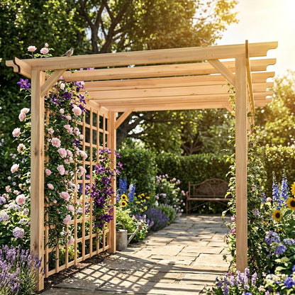 3 x 3 m Wooden Pergola Kit, Garden Pergola Gazebo Arch with Trellis for Climbing Vines, Flowers, Nature Wood Finish