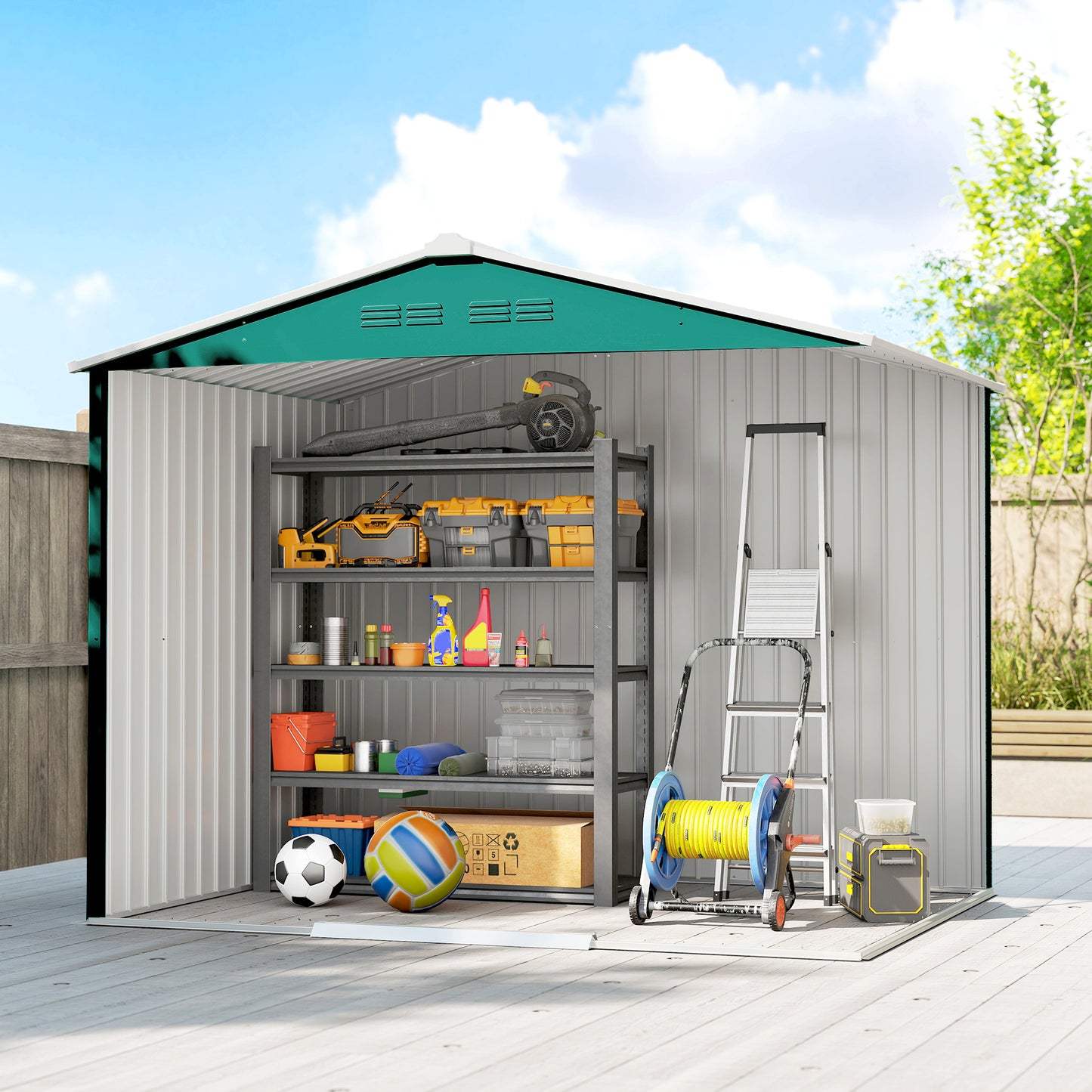 7.7 x 5.7ft Metal Garden Shed with Vents and Lockable Sliding Doors, Waterproof Galvanised Patio Outdoor Tool Storage Shed